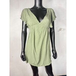 Magnolia Boutique Green Mini Dress Swiss Dot V‎ Neck Flutter Sleeve